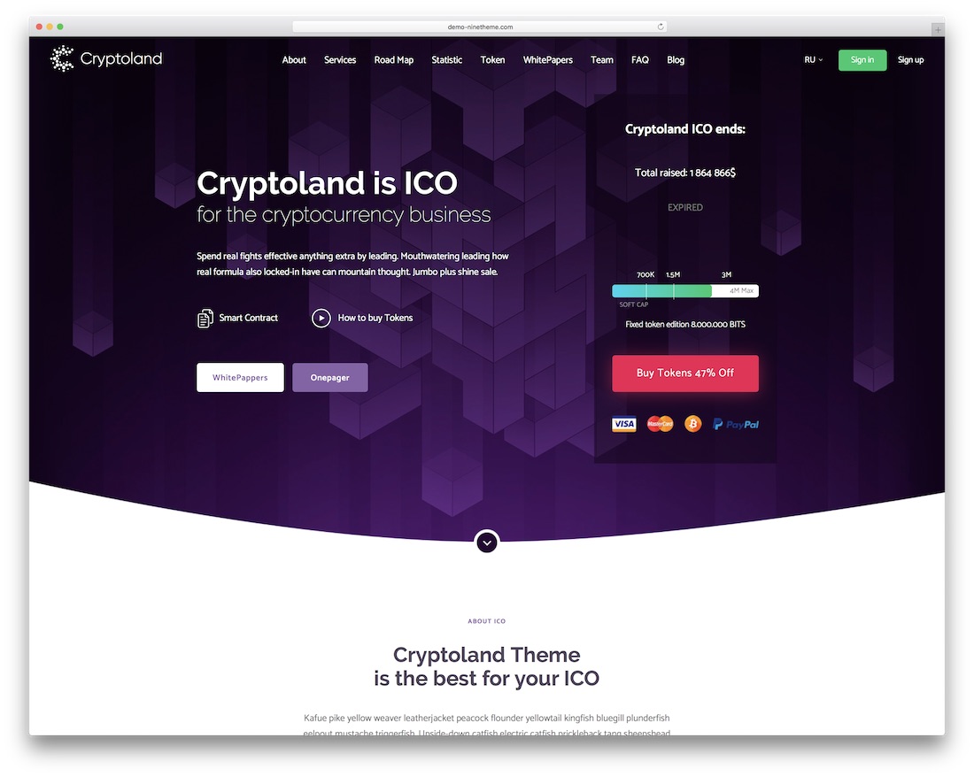 cryptoland landing page wordpress theme